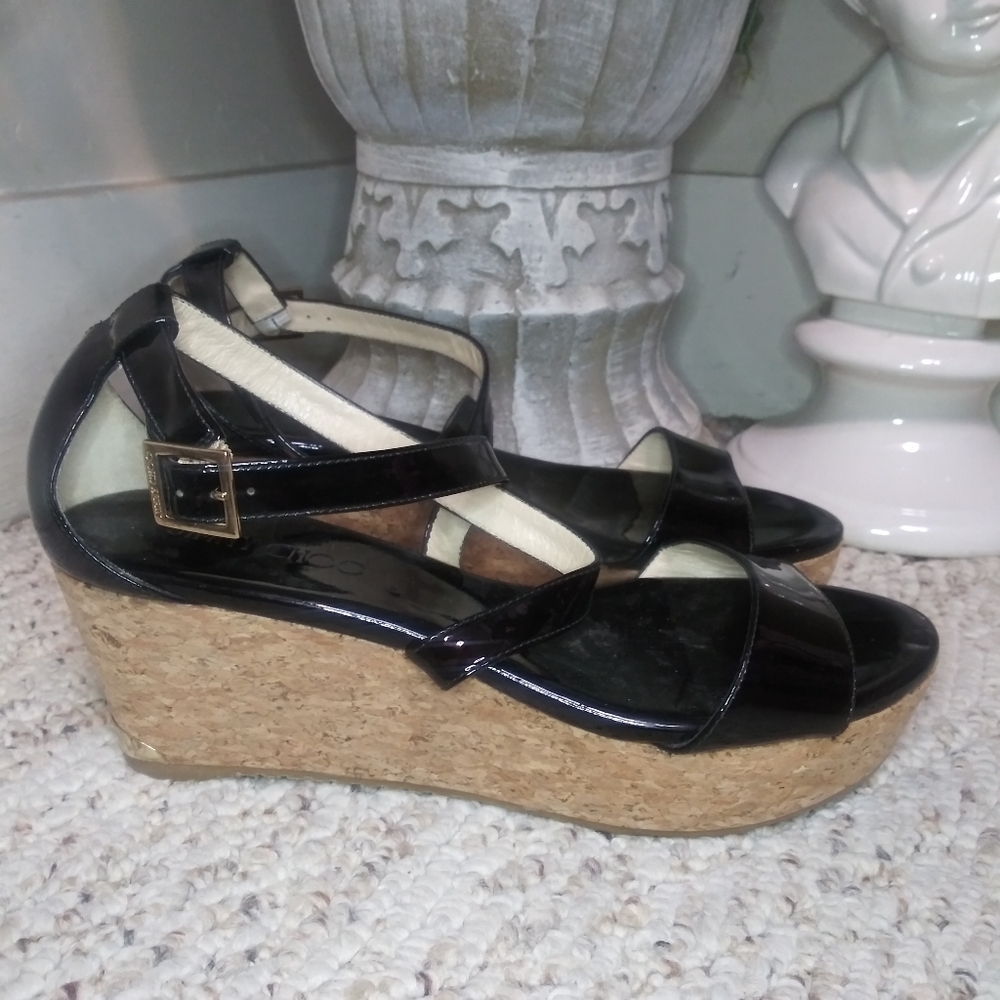 Jimmy Choo Portia 70 Black Patent Leather Cork Platform Wedge Heeled Sandals - Picture 11 of 11